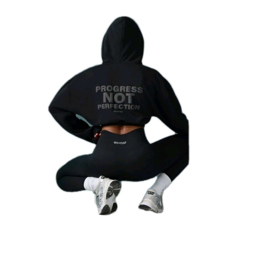 Bo+Tee Cropped Black Hoodie Size XXS progress not perfection